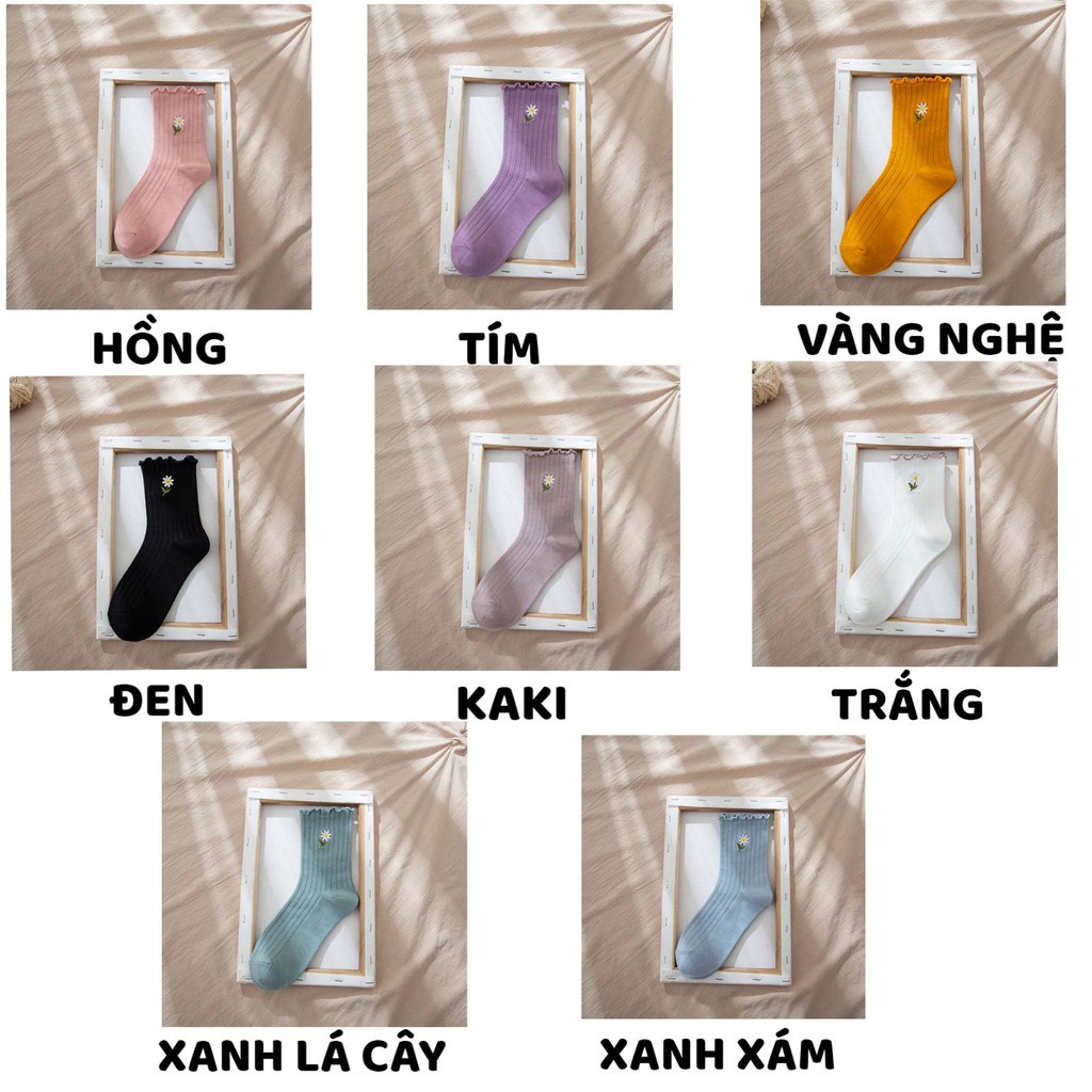 Tất Nữ Cổ Cao Thêu Hoa Cúc Phong Cách Vintage Hàn Quốc len tăm xinh xắn mã T01