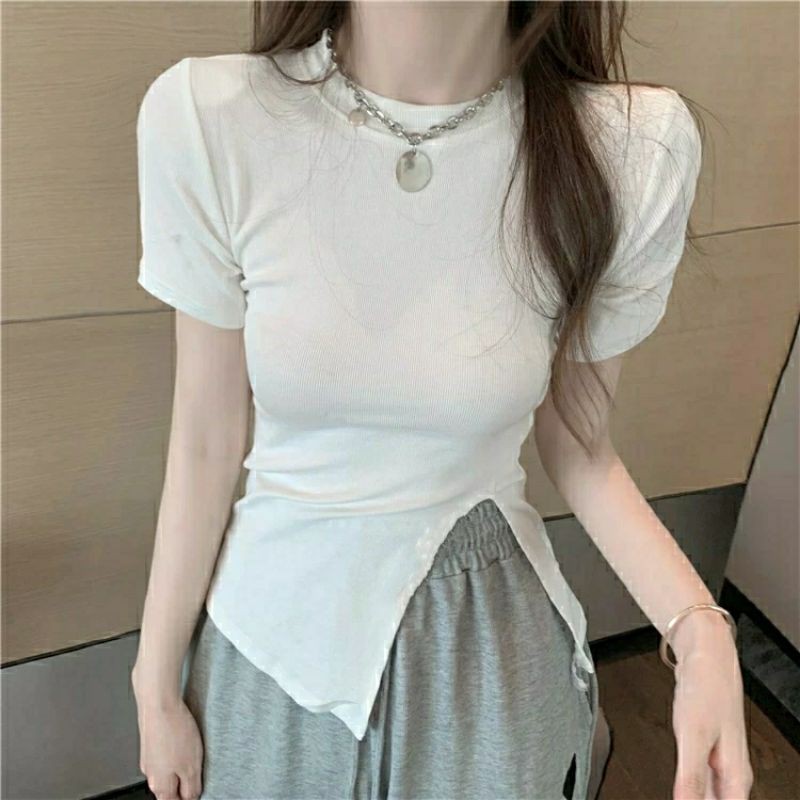 Áo thun cộc tay nữ, áo phông nữ dáng ôm xẻ tà ulzzang