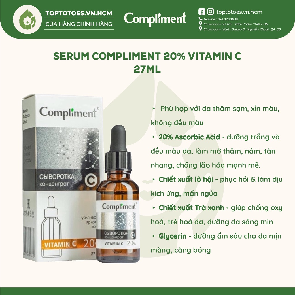 Serum Compliment 20% Vitamin C dưỡng trắng, mờ thâm, căng bóng da - 27ml