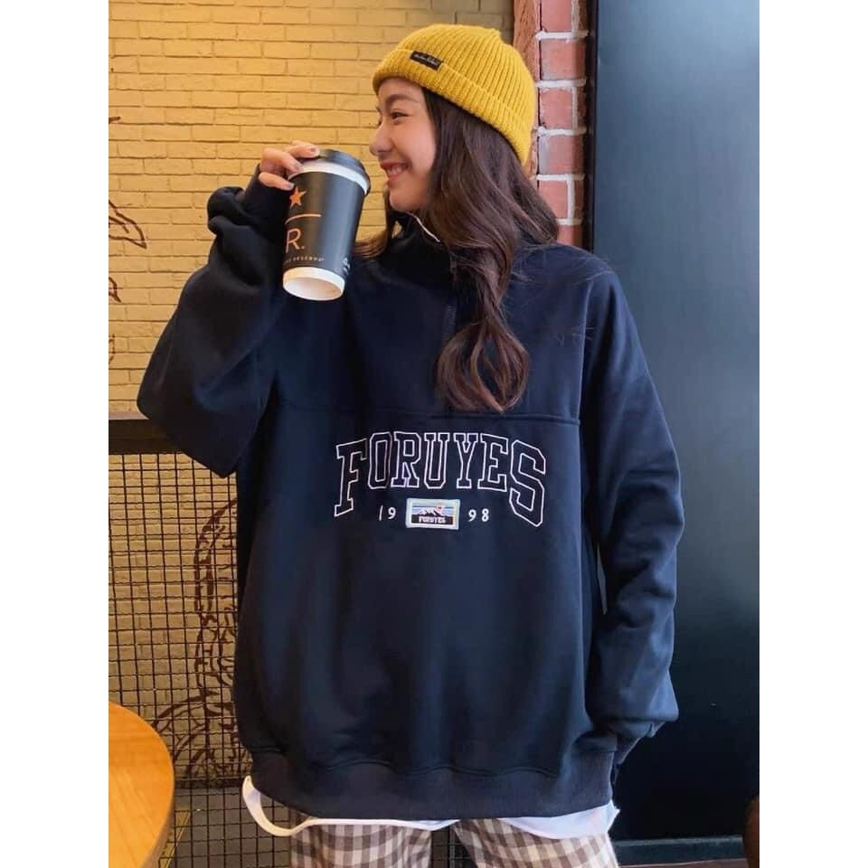 Áo Nỉ PoLo Khoá Cổ Áo Nỉ Nữ Sweater Xanh Than Cao Cổ Dài Tay Bồng Form Rộng Cá Tính Ulzzang | BigBuy360 - bigbuy360.vn