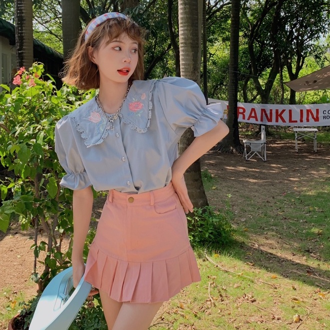 SUXI Áo sơ mi tay ngắn dáng rộng phối ren thêu họa tiết thời trang mùa hè Pháp cổ điển thanh lịch cho nữ