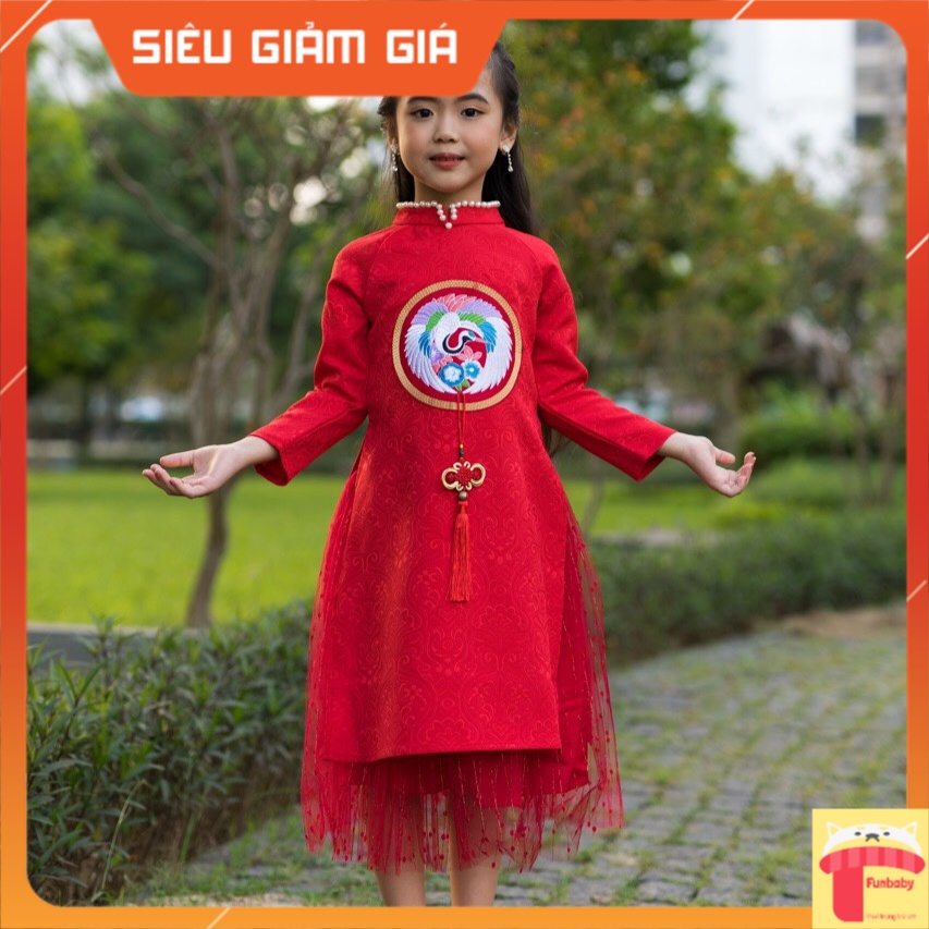 Set áo dài cách tân cho bé gái 2-12 tuổi vải gấm Hàn đỏ thêu đáp chim hạc đào hàng cao cấp