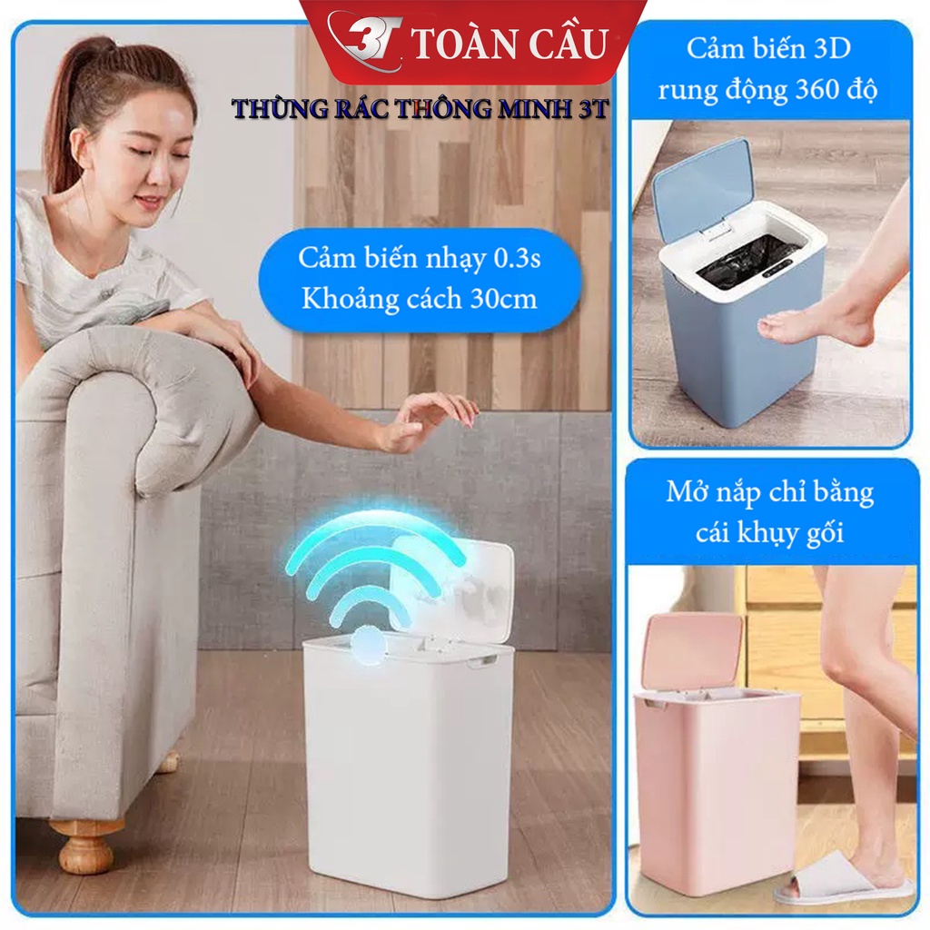 Thùng Rác Thông Minh 3TTO.TR1412 Với 3 Chế Độ Đóng Mở Nắp Bằng Cảm Biến Tự Động, Sử Dụng Nguồn Sạc, Nút Ấn Cảm Ứng