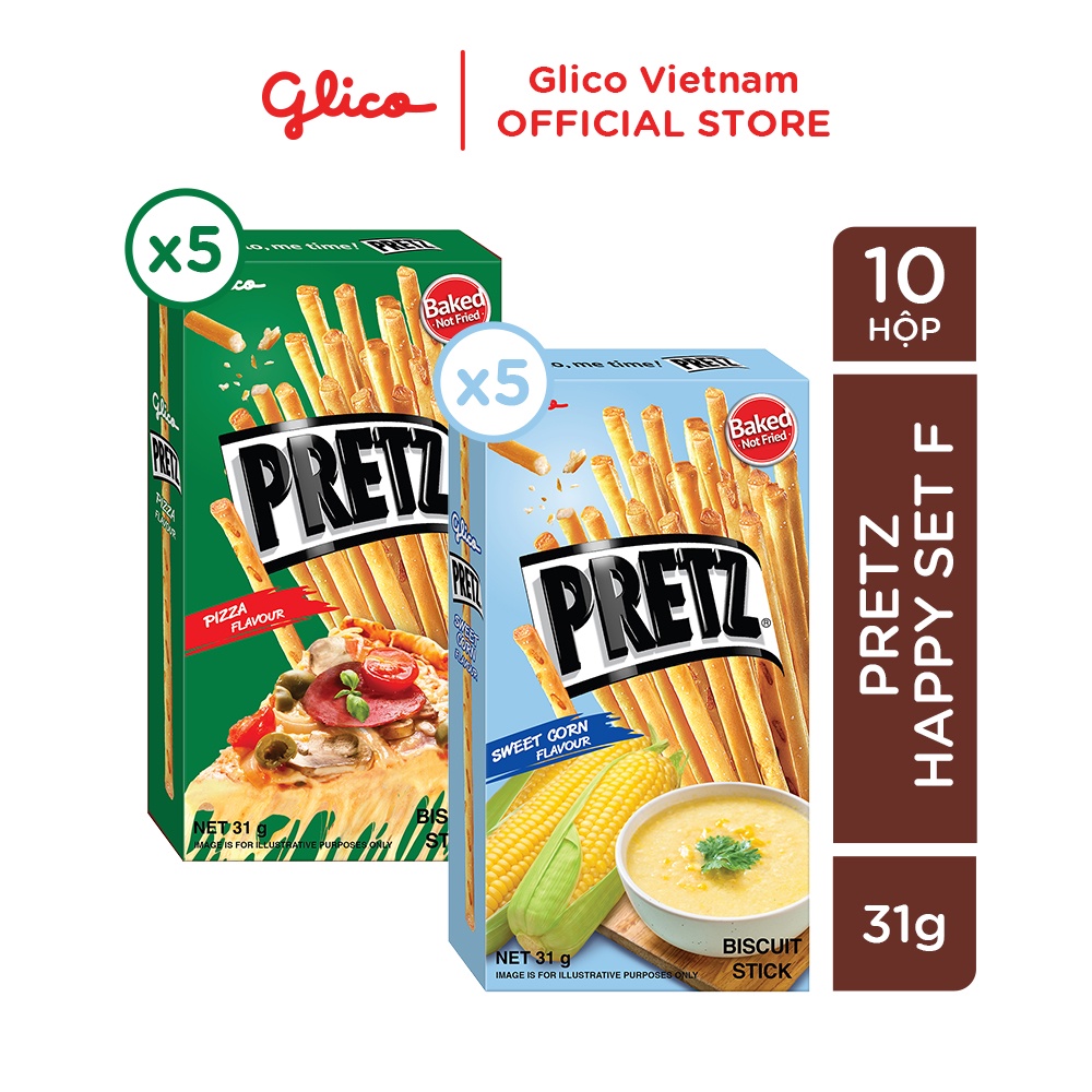 Bánh que nướng giòn mix 2 vị pizza và bắp GLICO Pretz Pizza &amp; Sweet Corn (Combo Happy Set F 5 pizza 5 bắp)