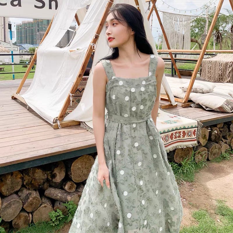 French chiffon retro polka dot embroidery fairy flocking holiday mid-length suspender dress