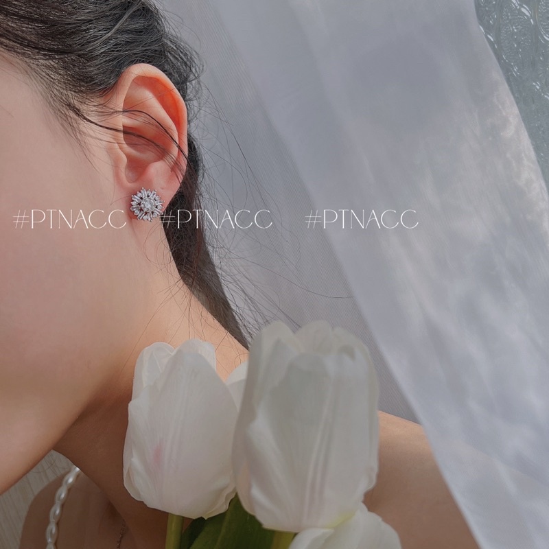 Bông tai, khuyên tai xi bạch kim hoa tia đơn giản đính soàn tấm .PTNACC.
