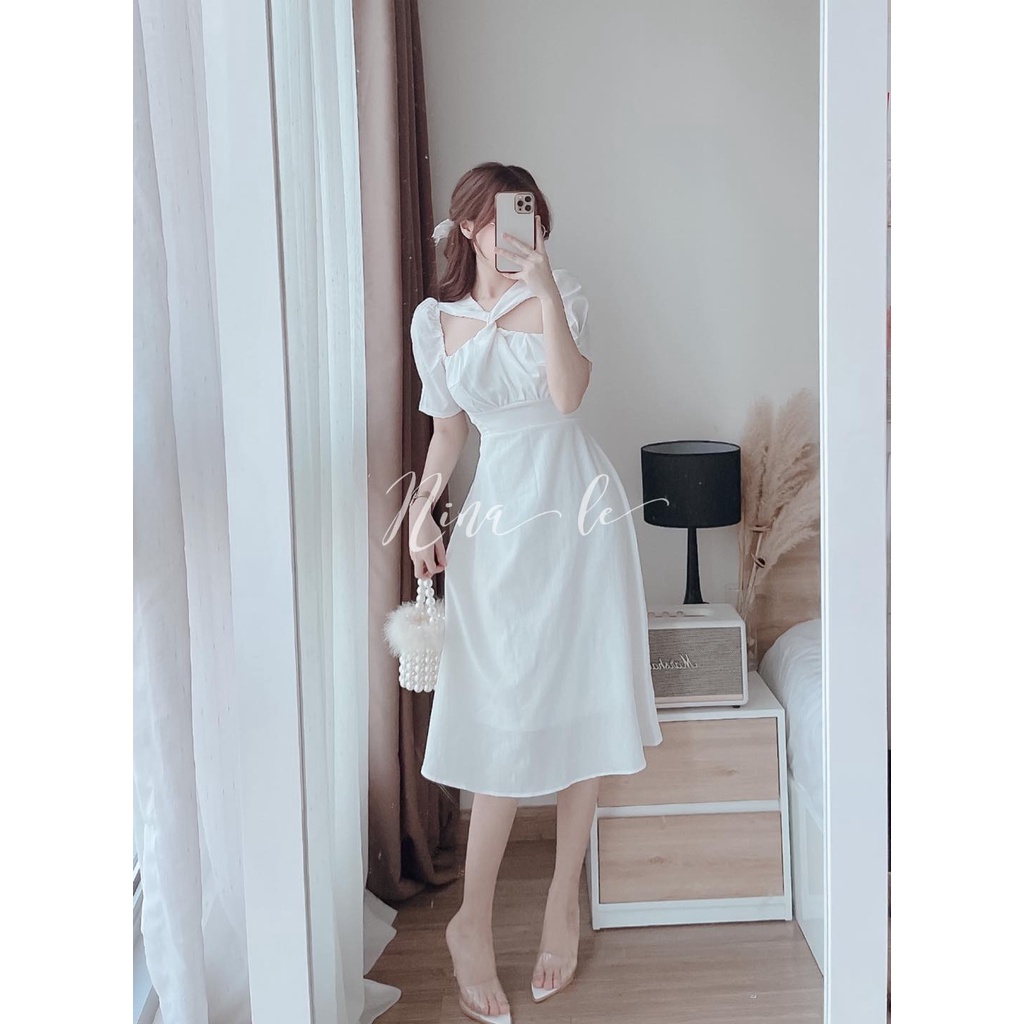 Đầm nữ midi cổ chéo dáng chữ A siêu xinh 2 màu sắc (Đỏ, Trắng) giúp nàng nổi bật đi chơi, dự tiệc