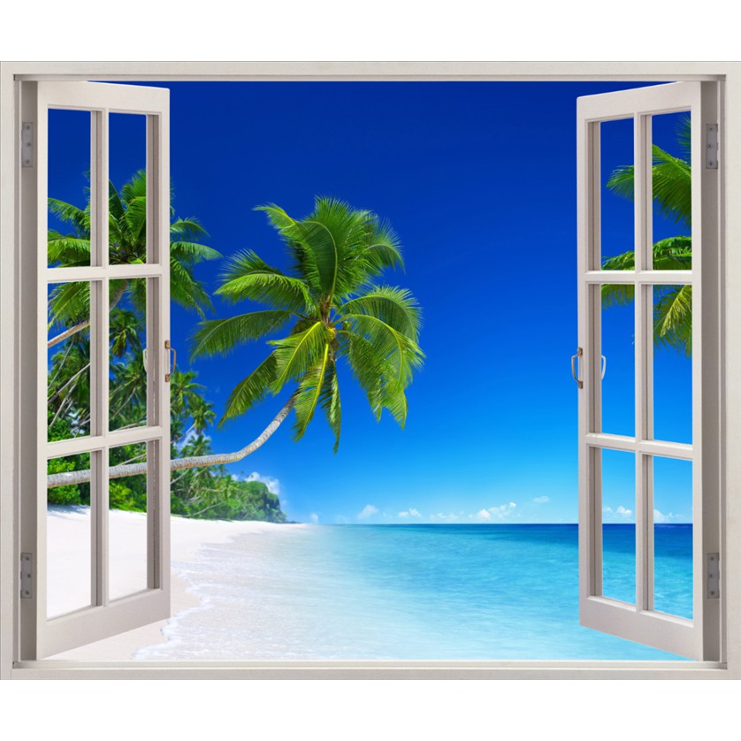 Tranh dán tường Tranh cửa sổ 3D dán tường Bãi Biển Hawaii