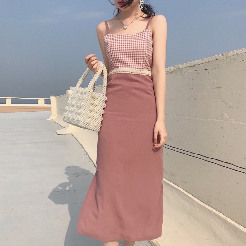 Đầm hai dây ôm phối caro hồng sz S