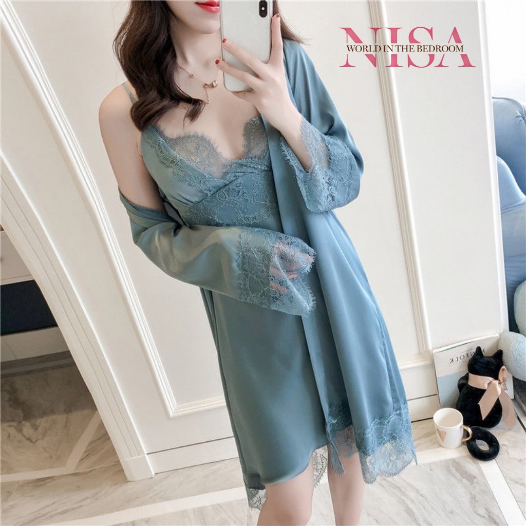 [FREESHIP MUA 2 ]Set váy lụa 2 dây kèm áo choàng phối ren tinh tế | BigBuy360 - bigbuy360.vn