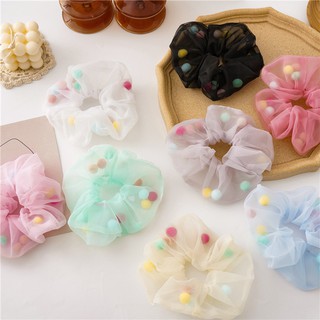 Dây buộc tóc Scrunchies voan lưới mix hạt pom pom