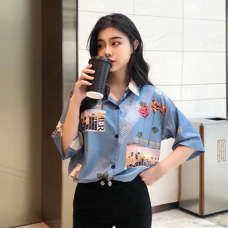 Áo chiffon nữ tay ngắn in hoa hồng | BigBuy360 - bigbuy360.vn