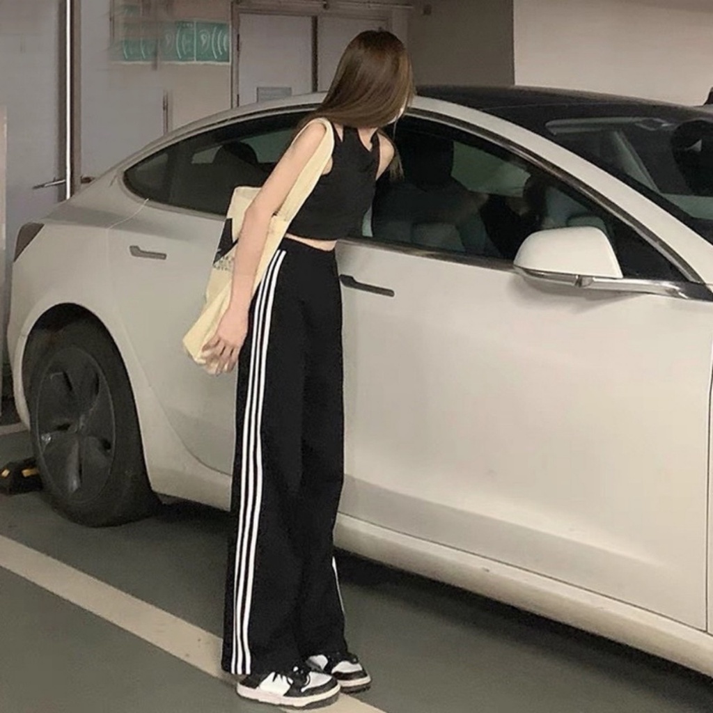 Quần thể thao nữ vải  đen 3 sọc trắng quần jogger Thời Trang Co Dãn 4 Chiều Đai chun Quần ống suông mặc đi học học sin