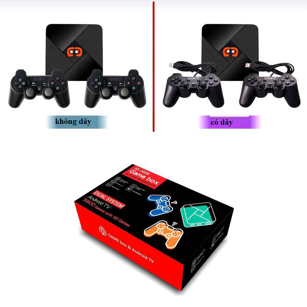 Máy chơi trò chơi video 4K -ULtraHD- Android TV- BOX 3D chơi game PS1,.. tích hợp 5600 Trò chơi với điều khiển không dây