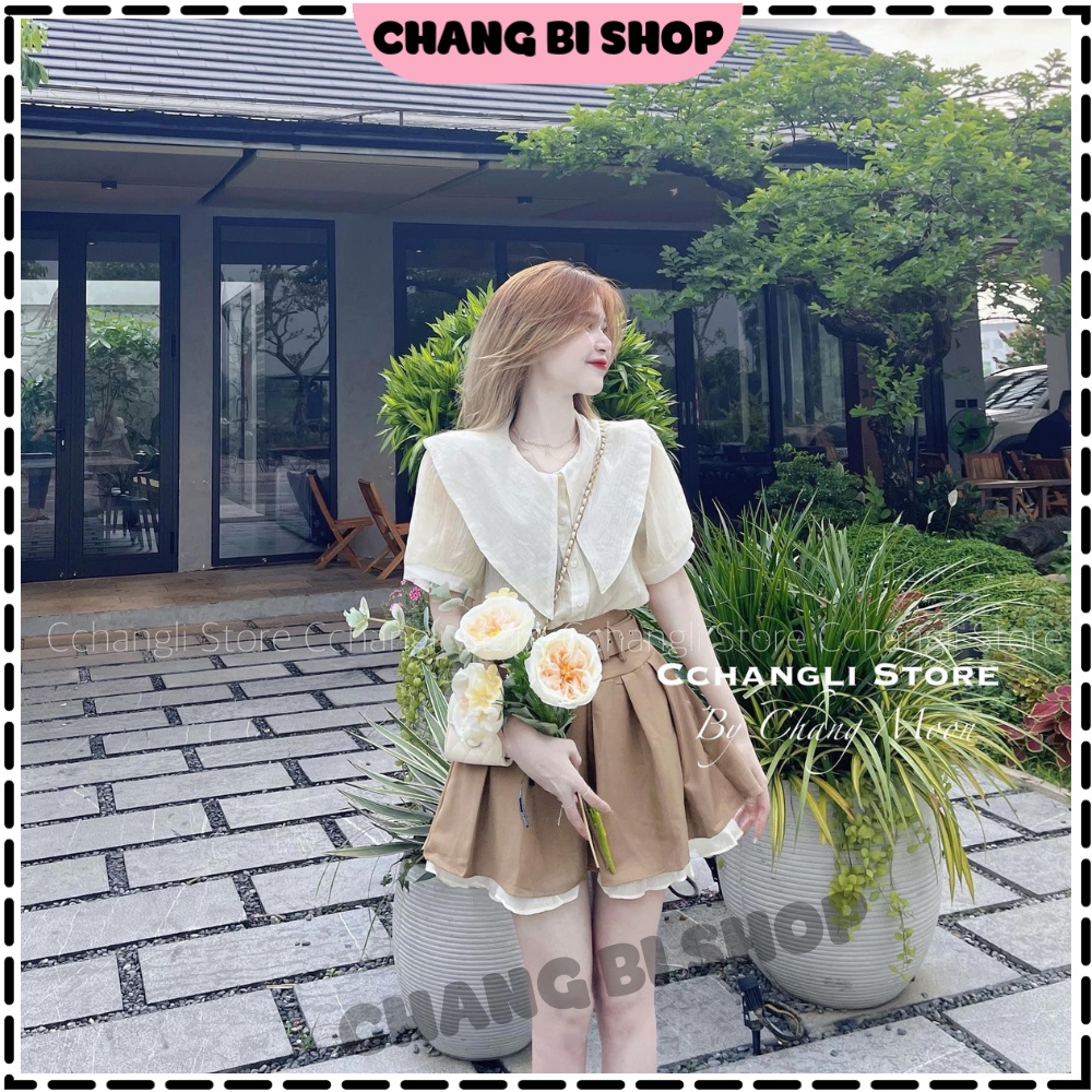 Set đồ nữ - Sét áo sơ mi cổ sen, mix chân váy xếp ly 2 tầng kèm dây lưng nâu cực xinh xắn Chang Bi Shop