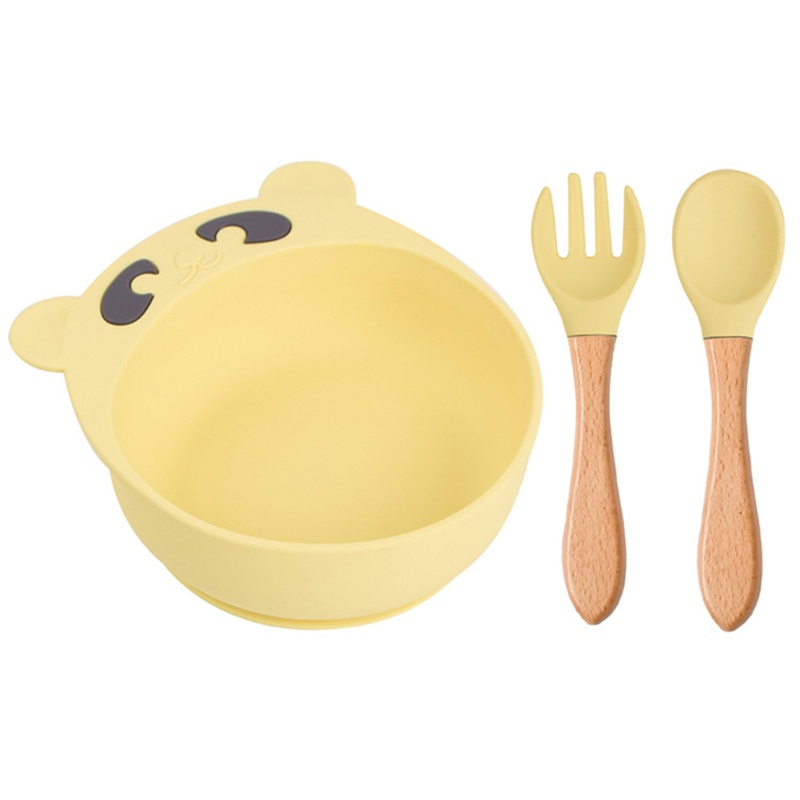 Bộ 3 Món Tô / Muỗng / Nĩa Silicone Có Giác Hút Chống Trượt Cho Bé Tập Ăn