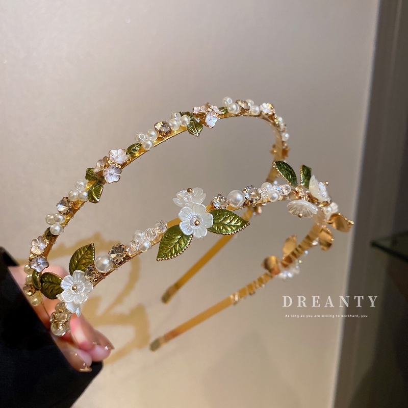 Băng Đô Cài Tóc Hình Hoa Lá Đính Ngọc Trai Phong Cách Mori Hàn Quốc Sang Trọng