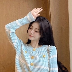 Áo Khoác Cardigan Dệt Kim Mỏng Cổ Tròn Họa Tiết Kẻ Sọc Thời Trang Hàn Quốc Cao Cấp