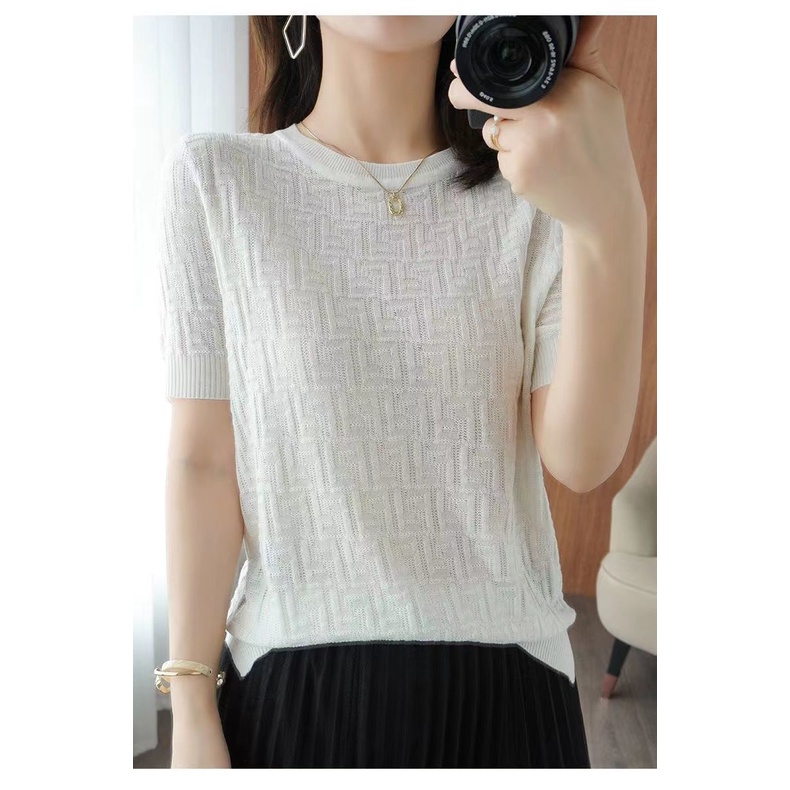 Áo Thun Lụa Dệt Kim Tay Ngắn Cổ Tròn Dáng Rộng Thời Trang Mùa Hè Dành Cho Nữ
