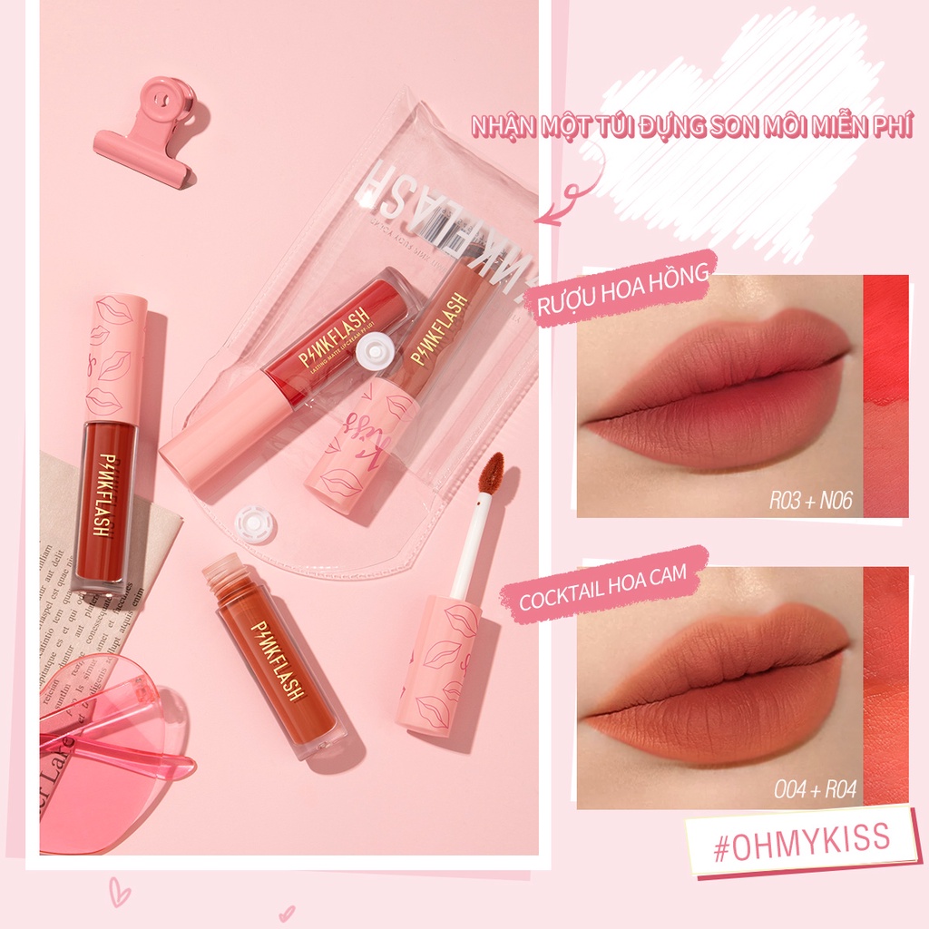 Set 4 thỏi son kem lì PINKFLASH dưỡng ẩm mềm môi lâu trôi