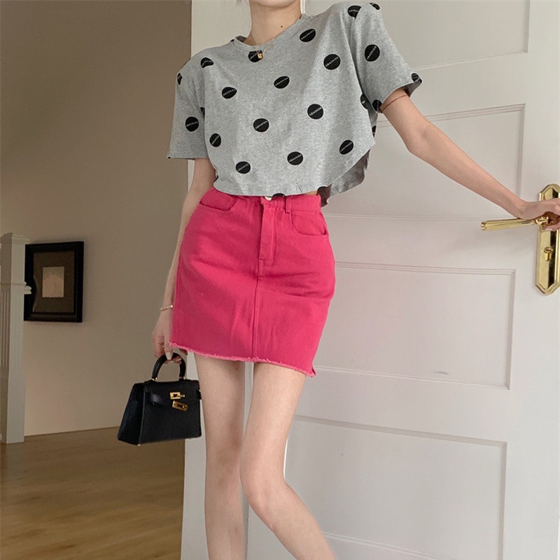 Áo Thun Tay Ngắn Hở Rốn Dáng Rộng Họa Tiết Chấm Bi Thời Trang Cho Nữ