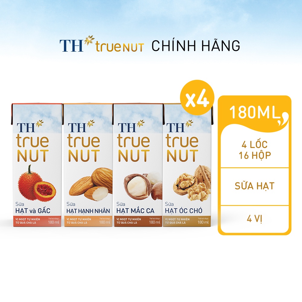 4 Lốc sữa hạt hạnh nhân, mắc ca, óc chó, gấc của TH True Nut 180ml (180ml x 4 hộp)