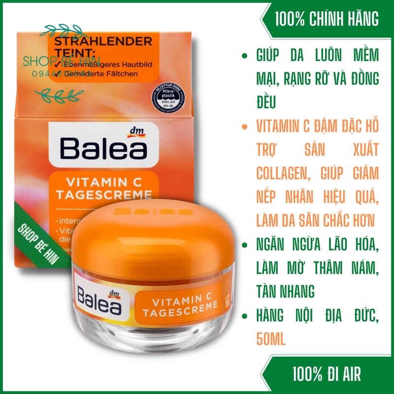 Kem dưỡng da làm mờ thâm nám nếp nhăn Balea Vitamin C Đức chuẩn, làm sáng và đều màu da, chống lão hóa, 50ml