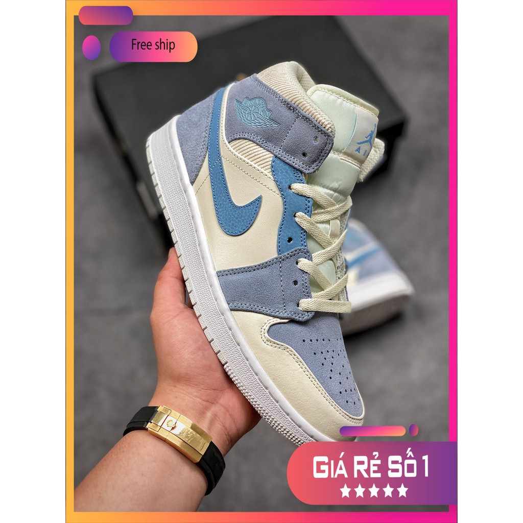 (FULL BOX + QUÀ TẶNG) Giày thể thao Air Jordan 1 Mid Mixed Textures Blue cổ cao siêu đẹp cho nam và nữ | BigBuy360 - bigbuy360.vn