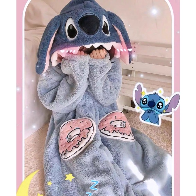 Bộ ngủ lông hình stitch đáng yêu, áo khoác lông cute mặc ở nhà siêu ấm áp