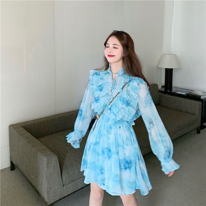 M139 - Váy voan công chúa Ulzzang cổ trụ thắt nơ viền bèo eo chun dài tay loang màu nhẹ nhàng