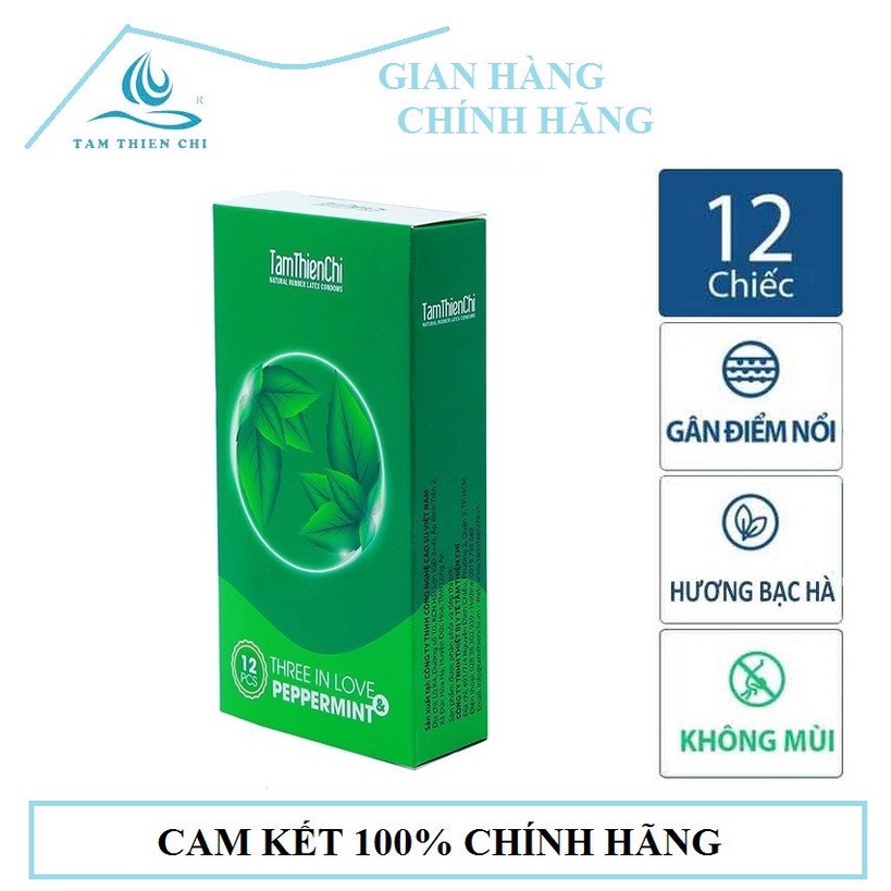 Bao cao su Tâm Thiện Chí THREE IN LOVE gai gân bạc hà hộp 12 cái