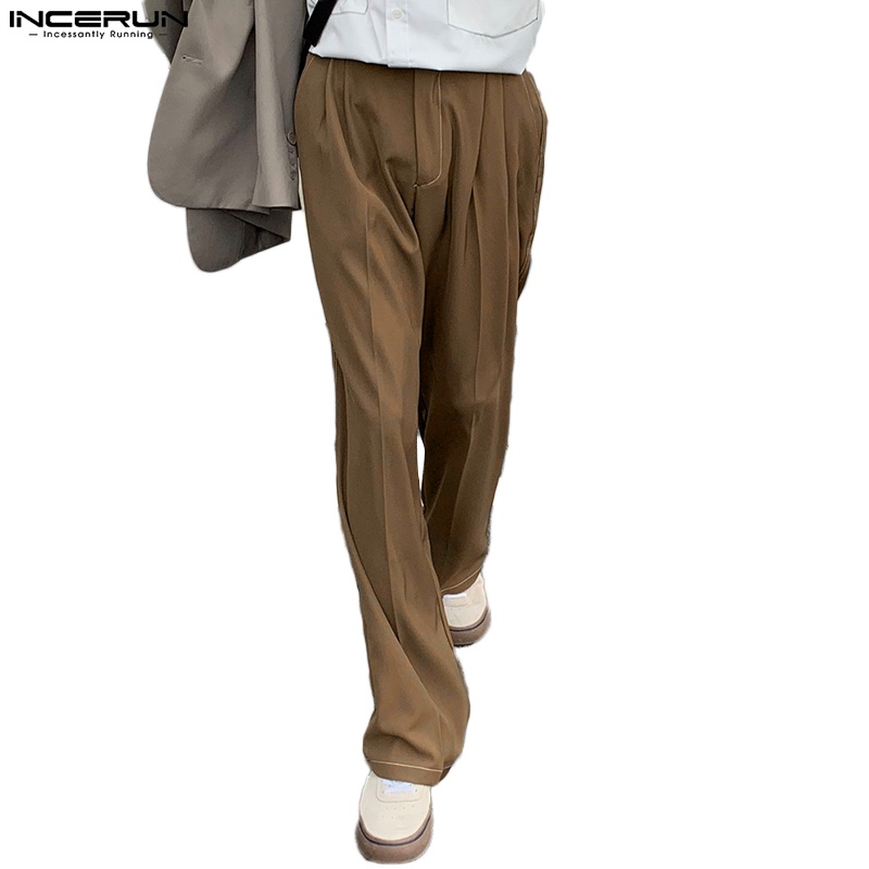 Quần dài INCERUN lưng cao ống đứng màu trơn thời trang công sở cho nam