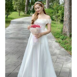 (free chỉnh sửa váy) đầm dạ hội trắng trễ vai váy xòe, đầm trắng dự tiệc cô dâu chụp ảnh cưới đính hôn