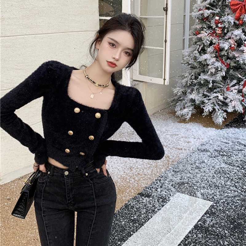 Áo Sweater Dệt Kim Cổ Vuông Thời Trang Cho Nữ
