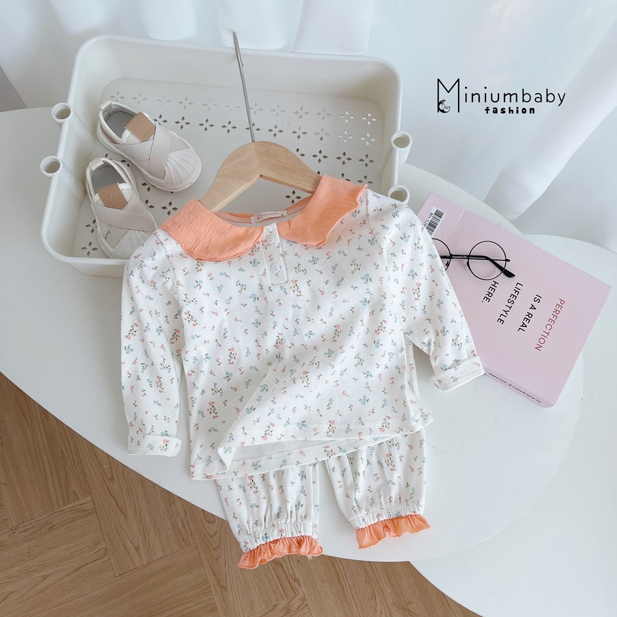 Bộ đồ dài/ cộc tay quần dài thu đông cho bé gái cổ bèo chất liệu 100% cotton, set quần áo trẻ em MiniumBaby-SB1302