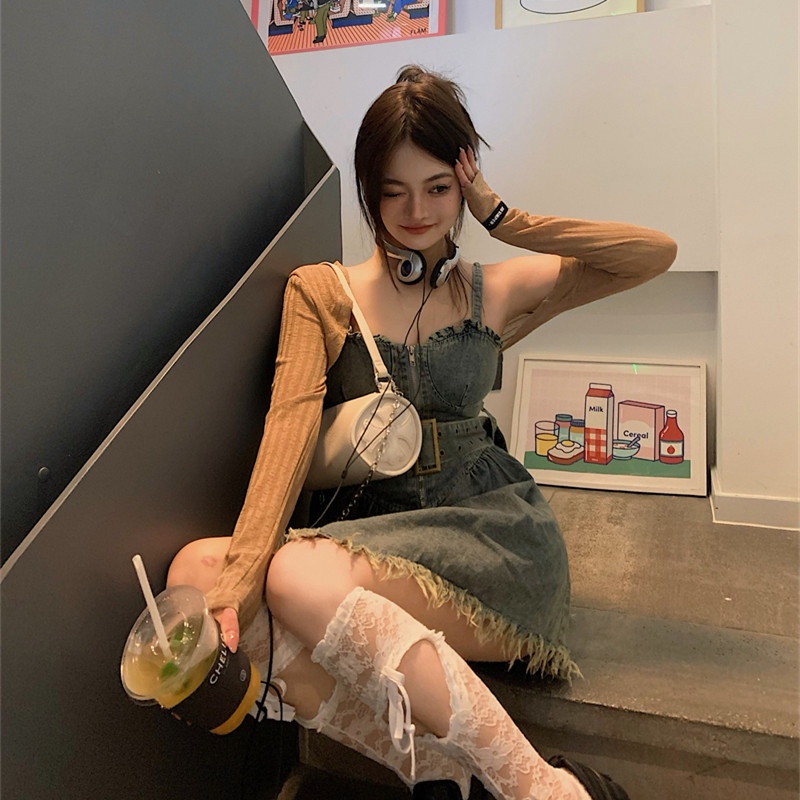 Set Đầm Denim Không Tay Và Áo Khoác Cardigan Mỏng Chống Nắng Thời Trang Cho Nữ