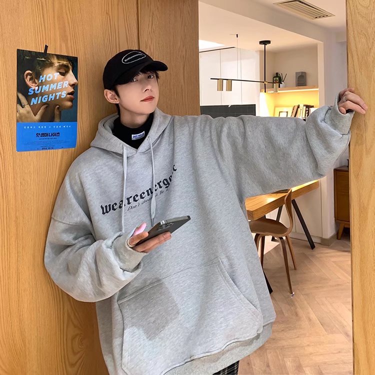 Áo hoodie tay dài dáng rộng in chữ phong cách Hàn Quốc thời trang thu đông cho nam