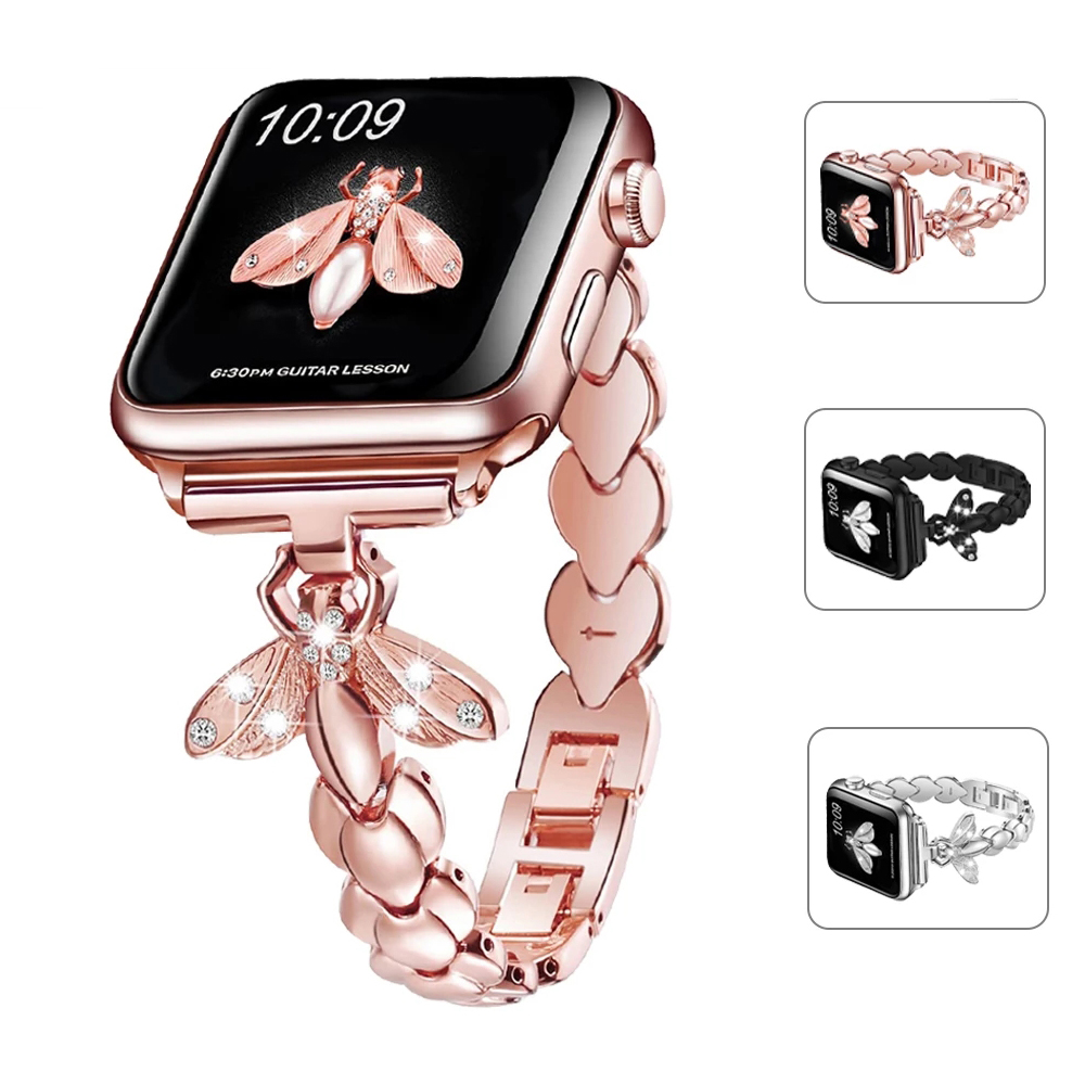 Women Jewelry Metal Strap for Apple Watch Band Series 6 Se 5 4 3 2  44Mm 40Mm 38Mm 42Mm Bee Diamond Belt Watchband Stainless Steel Bracelet