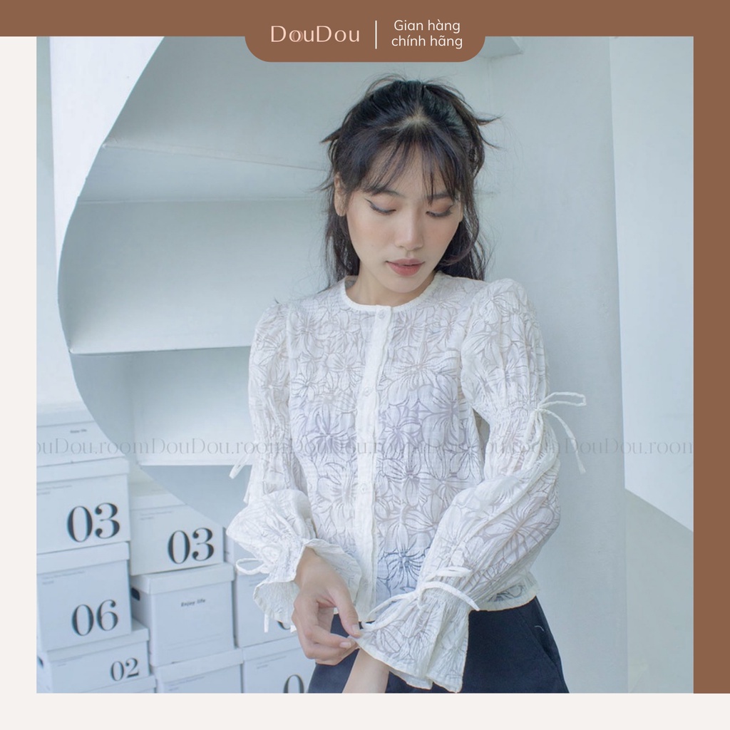 Áo Voan DouDou White Floral Blouse Thiết Kế Tay Phồng, Áo Voan Kiểu Nữ Mỏng Nhẹ Phong Cách Dịu Dàng Nữ Tính
