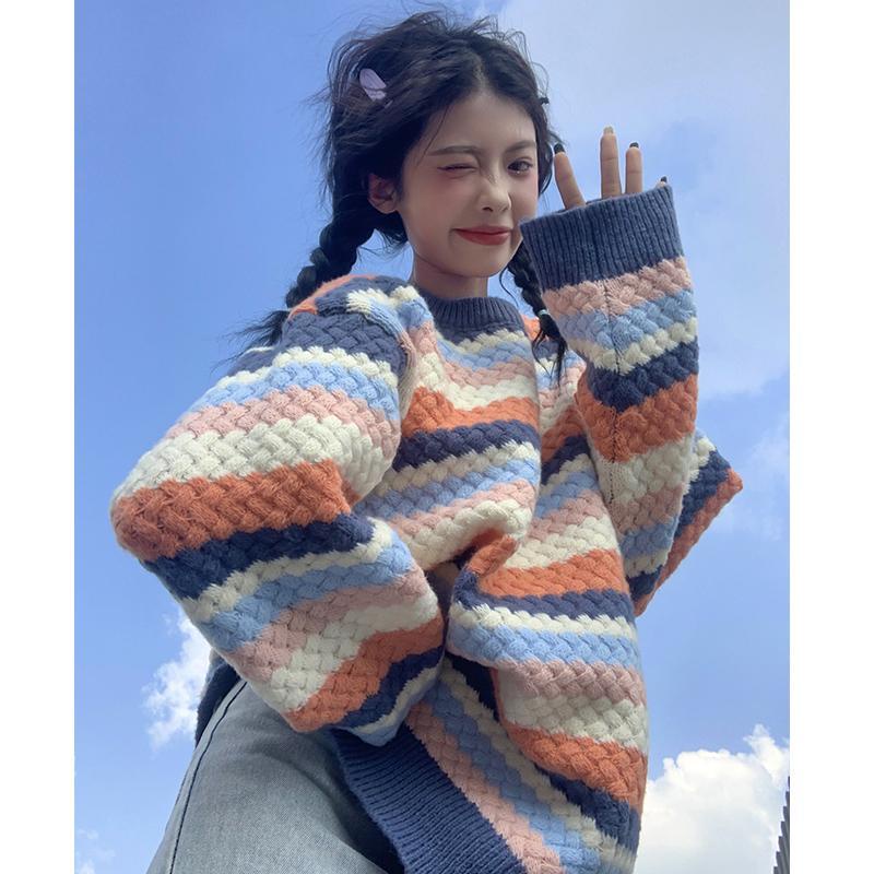 Áo sweater dệt kim dáng rộng họa tiết kẻ sọc phong cách retro