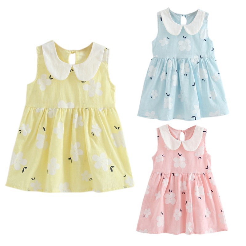 Đầm cotton cộc tay có cổ họa tiết hoa xinh xắn cho bé gái