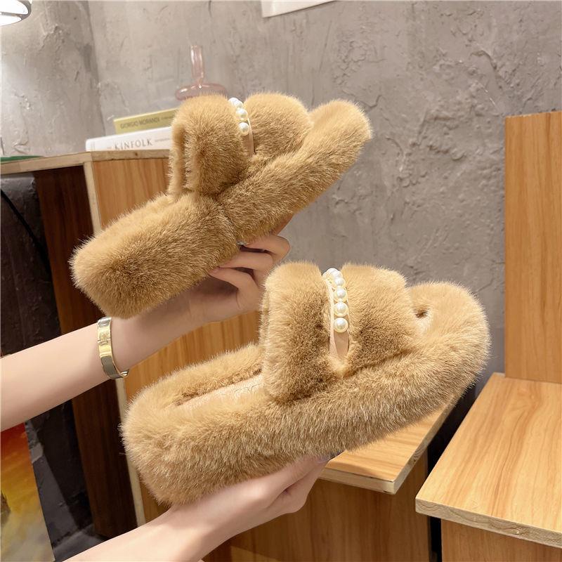 Dép bằng cotton đế bằng phối lông thời trang thu đông cho nữ