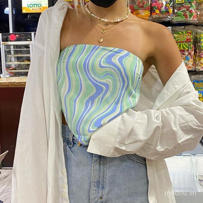 Áo không tay họa tiết sọc thiết kế kiểu cột dây thời trang