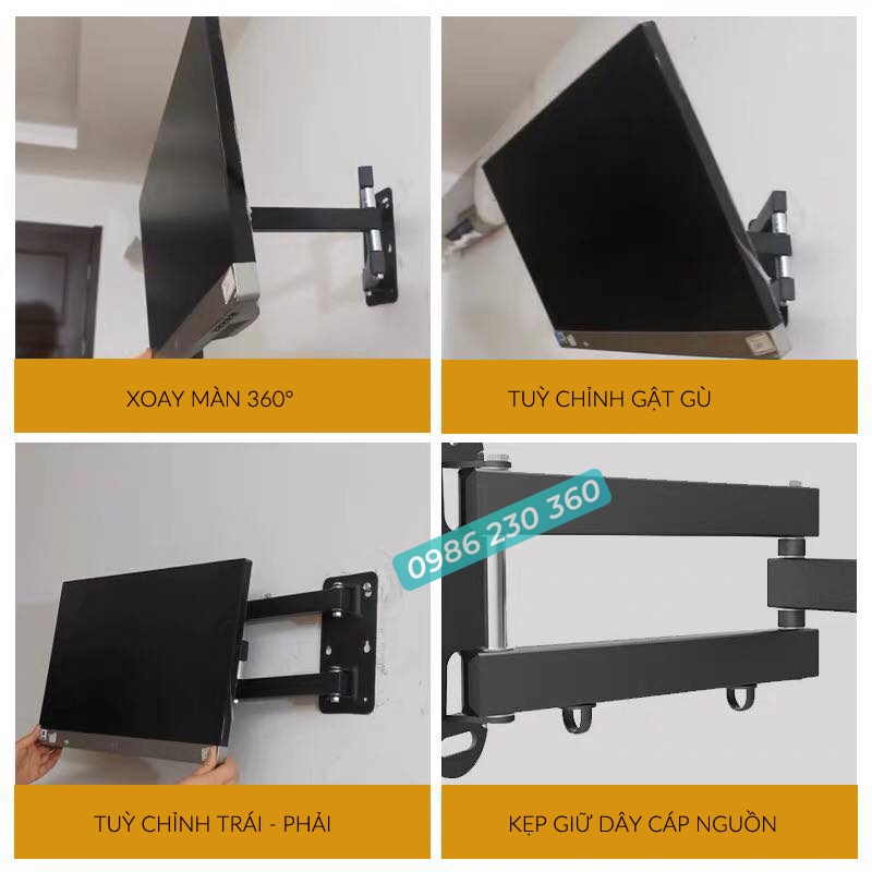 Giá Treo Màn Hình Máy Tính Gắn Tường 17 -  32 Inch Trục Màn Xoay 360độ - Tích Hợp Kẹp Giữ Cable