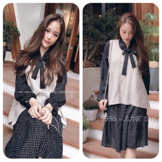 Set váy nơ kẻ+ gile gân
