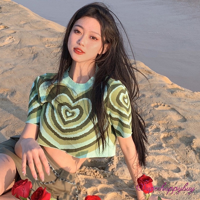 Áo Thun Dệt Kim Tay Ngắn Cổ Tròn In Hình Trái Tim Thời Trang Cho Nữ