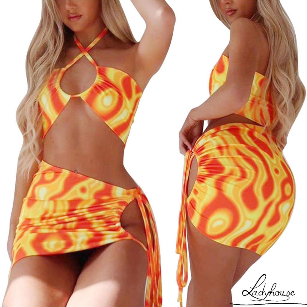 Đầm Midi Ôm Dáng Hở Vai Cổ Yếm Phối Màu Nhuộm Cho Nữ