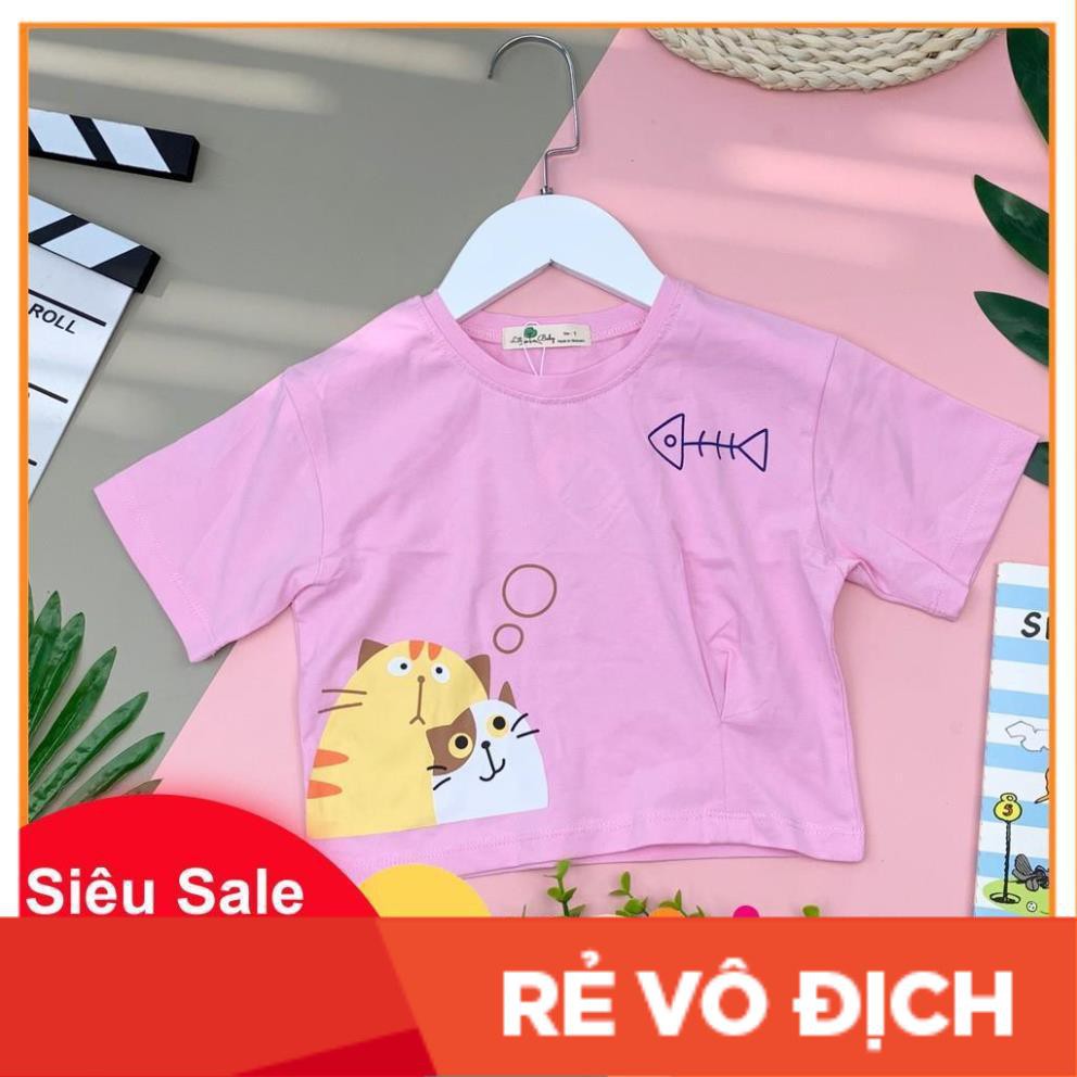 Áo cotton dáng ngắn cộc tay in hình mèo và cá bé gái size 9-14, cho bạn từ 25-40kg. Chất cotton 4 chiều siêu đẹp, mát