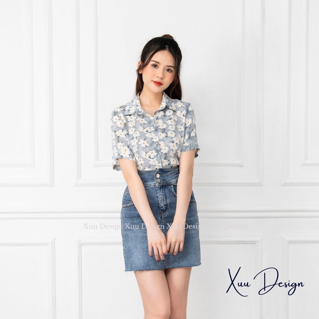 Áo sơ mi nữ cộc tay họa tiết Xuu Design, Sơ mi kiểu thiết kế hoa cúc trẻ trung chất vải mềm mát lên dáng đẹp - SK10