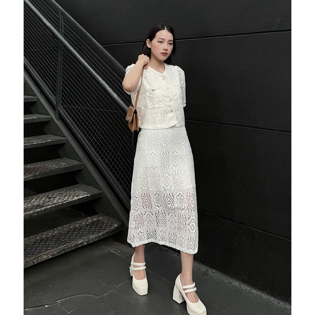 Set áo kiểu nữ sơ mi Linly Store kèm chân váy chất ren